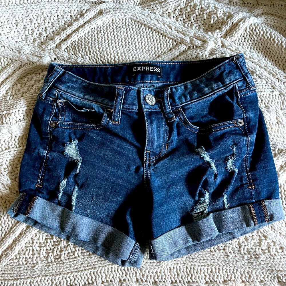 Express Midi Low Rise Distressed Denim Shorts